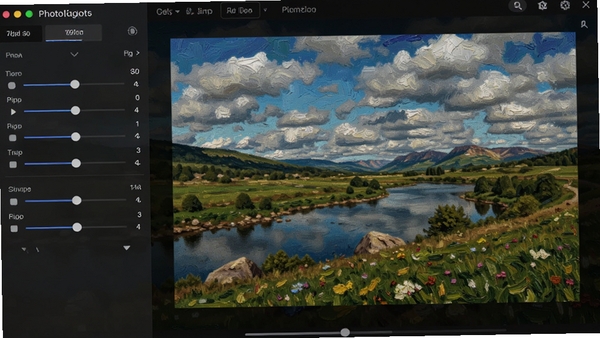 Photo Effects 滤镜效果展示图,画面中一张风景照片正应用油画滤镜,笔触清晰可见,色彩浓郁,左侧显示参数调节滑块,界面专业且直观。