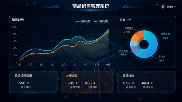 管家通商品销售管理系统财务数据可视化面板，包含销售趋势折线图、分类占比饼图及关键绩效指标卡片，背景为深色科技感界面，数据图表采用亮蓝与橙色高亮显示，突显专业数据分析氛围