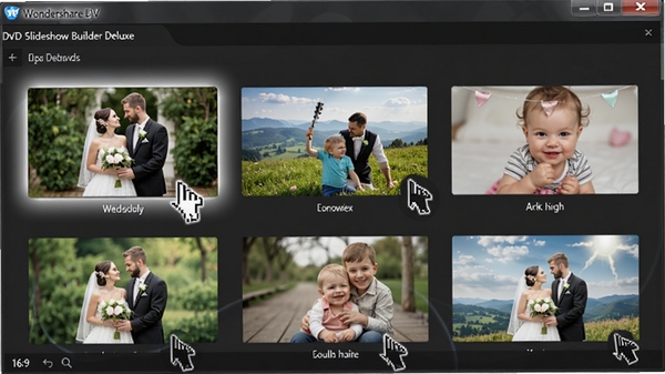 Wondershare DVD Slideshow Builder Deluxe模板选择界面,展示多套婚礼、旅行、儿童成长主题的幻灯片模板缩略图,界面清晰,鼠标悬停效果,周围有柔和光晕,画面层次丰富,体现软件内置资源的多样性,16:9构图,高清渲染