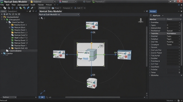 Navicat Data Modeler 主界面预览图，展示左侧对象树、中央ER图设计区域以及右侧属性面板，整体采用深色主题，界面布局清晰，专业数据库设计软件风格