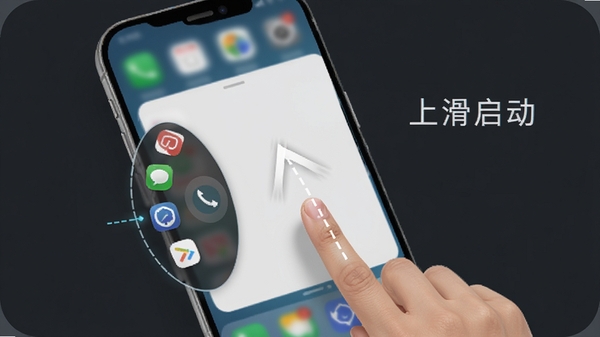 空白象限软件手势操作示意图，手机屏幕显示桌面，手指在空白区域向上滑动，屏幕边缘出现半圆形快捷应用栏，背景为深灰色，手势轨迹以白色虚线标出，旁边有文字标注“上滑启动”，整体风格科技感强，突出交互的便捷性