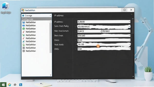 NetSetMan主界面预览图，展示软件主窗口，左侧为配置文件列表，右侧为详细的IP地址、子网掩码、网关、DNS等参数设置面板，背景为淡蓝色现代感桌面环境，画面清晰明亮，突出软件专业性与易用性
