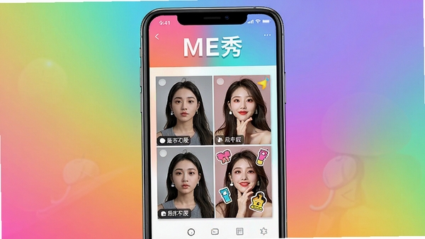 一张手机屏幕展示ME秀应用主界面的场景，背景是多彩渐变，中央显示几张编辑前后的照片对比，突出滤镜和贴纸效果，画面明亮活泼，软件名称“ME秀”清晰可见，整体风格时尚现代