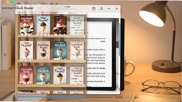 Icecream Ebook Reader 软件主界面截图,展示书架布局和打开的电子书页面,背景为淡雅的木质书桌,暖色台灯光线,界面清晰展示书籍封面和阅读进度条,整体风格温馨舒适