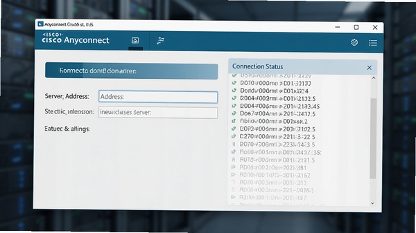 一张高清的Cisco Anyconnect软件运行主界面截图，界面简洁，左侧显示连接按钮和服务器地址输入框，右侧显示连接状态日志，整体风格为蓝色科技感，背景虚化处理，突出软件窗口