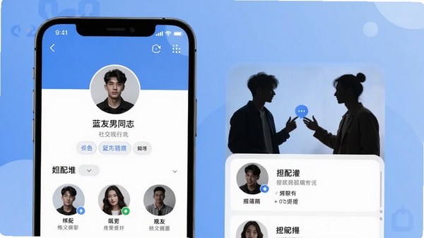 蓝友男同志社交软件主界面预览图,展示个人资料页与匹配推荐列表,背景为柔和渐变的蓝色调,人物剪影互动,画面清晰现代,适配Boogu模型生成