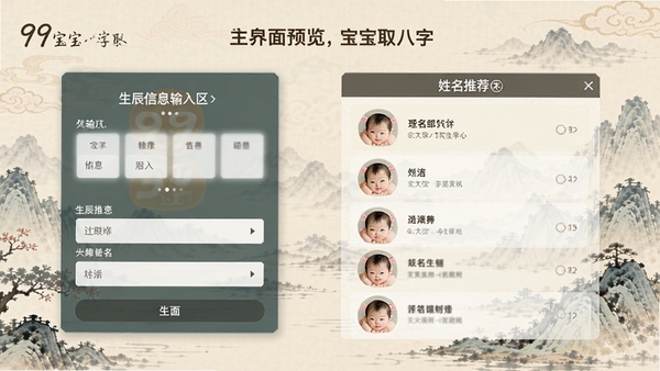 99宝宝八字取名主界面预览图，展示软件整体布局，左侧为生辰信息输入区，右侧为姓名推荐列表，背景采用淡雅的中国风山水画元素，整体色调柔和温馨，突出传统与现代结合的风格