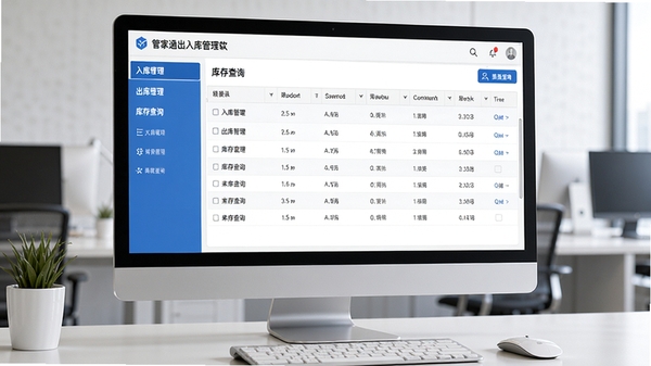 管家通出入库管理软件主界面预览,左侧导航栏显示入库管理、出库管理、库存查询等模块,右侧为数据表格展示区,整体风格简洁清晰,色彩以蓝白为主,带有现代商务感,桌面电脑屏幕显示,界面布局合理,细节丰富,高清渲染