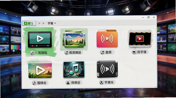 绿茵多媒体定时播放系统媒体素材库界面,展示视频、图片、音频、字幕等不同类型文件图标,背景为多媒体演播室环境,画面色彩丰富,体现软件对多格式的广泛支持
