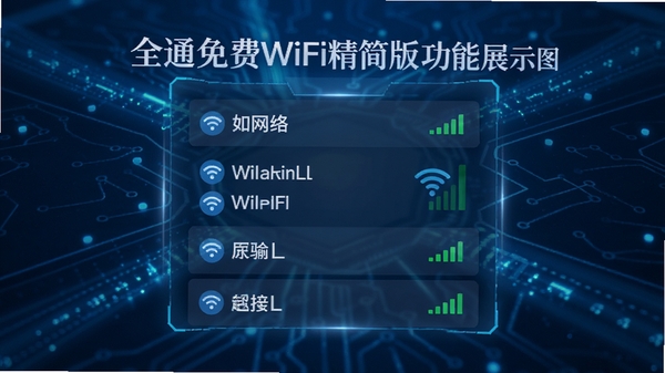 全通免费WiFi精简版功能展示图，画面中央显示扫描到的无线网络列表，每个网络名称旁有信号强度图标，背景为科技感十足的蓝色光效，整体风格简洁明亮