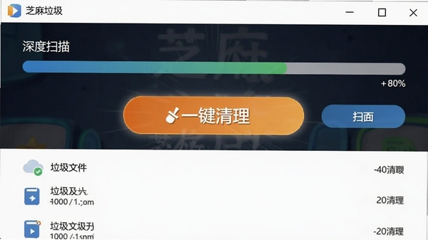 芝麻清理软件正在进行系统垃圾扫描的界面截图，进度条显示扫描百分比，下方列出各类垃圾文件及其大小，视觉上突出“深度扫描”与“一键清理”按钮
