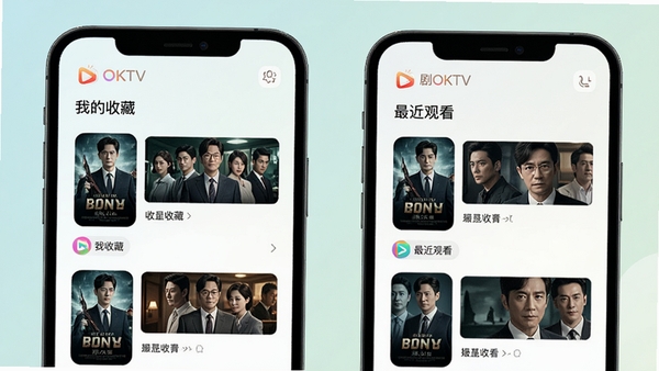 剧OKTV的收藏与历史记录功能示意图，画面展示手机界面中“我的收藏”和“最近观看”两个列表，每个条目包含海报缩略图和剧名，背景是淡雅的纯色，图标设计圆润，整体风格清新简洁，突出个性化管理功能，需包含“剧OKTV”品牌标识。