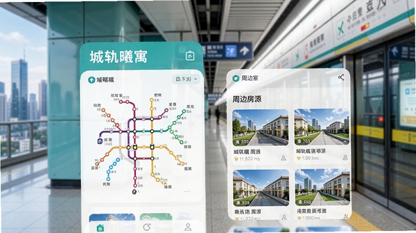 城轨曦寓应用主界面预览图，展示地铁线路图与周边房源列表，背景为现代城市地铁站，色调清新明亮，UI设计简洁，突出软件名称与核心功能