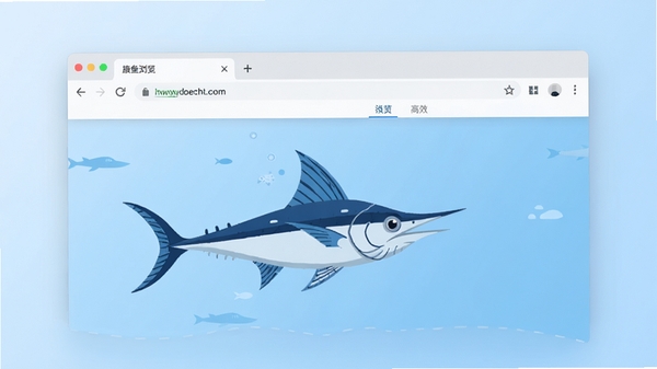 旗鱼浏览器主界面预览图，现代简约风格的浏览器窗口占据画面中心，界面干净整洁，地址栏与标签栏设计扁平化，背景为柔和的浅蓝色渐变，突出软件的轻快与高效感
