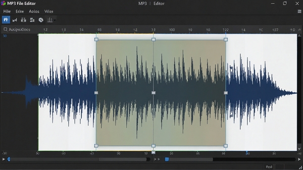 MP3 File Editor软件中音频波形放大编辑的界面,显示精细的裁剪点标记和选区高亮,背景为波形图,界面清晰