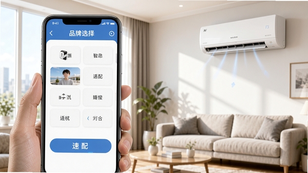 万能空调一键速配遥控器功能预览图，画面展示手机屏幕上的品牌选择列表和速配按钮，背景为客厅环境，空调挂机在画面一侧，光线明亮，风格写实，突出智能化匹配过程，适合功能展示。