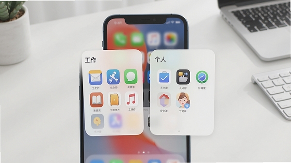 X空间独立空间模式演示，手机屏幕显示两个独立卡片，分别标注“工作”与“个人”，每个卡片内有不同应用图标，背景为干净整洁的桌面，色调柔和，体现空间隔离与隐私保护的概念
