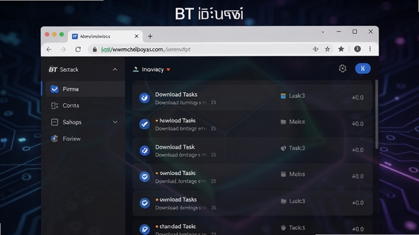 BT浏览器主界面预览,展示其融合下载管理面板与浏览器窗口的整洁布局,背景为深色科技感渐变,前景突出下载任务列表与地址栏,整体风格现代简洁,软件名称出现在界面顶部,高清渲染