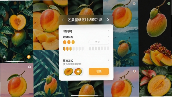 芒果壁纸定时切换功能设置界面，展示时间间隔选项与更换方式，背景为多张风格各异的壁纸拼接效果，体现软件的自动化与个性化定制能力