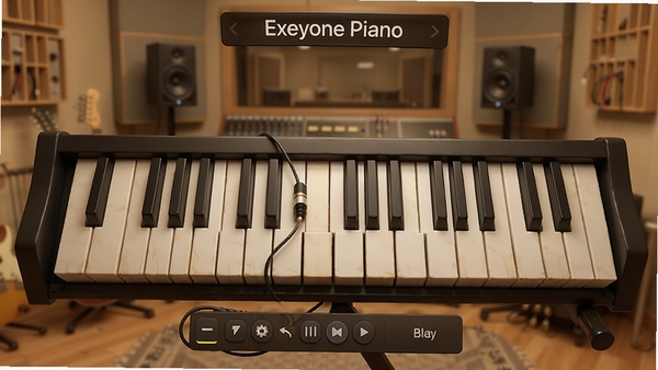 Exeyone Piano主界面预览图，虚拟钢琴键盘占据画面中央，光线柔和，周围有简洁的功能控制面板，背景为淡雅的录音室环境，整体风格专业且温馨，3D渲染，高细节