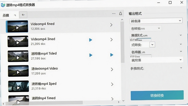 一款名为速转mp4格式转换器的桌面软件界面全貌，主窗口简洁明亮，左侧为视频文件列表区域，右侧为输出格式选择面板和转换按钮，背景为干净的浅灰色调，整体风格现代且专业，高清渲染效果