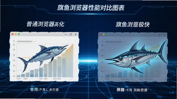 旗鱼浏览器性能对比图表，左侧为普通浏览器占用系统资源较高的图示，右侧为旗鱼浏览器占用极低资源且响应速度极快的示意图，背景使用科技感蓝色网格，突出高效优化特性