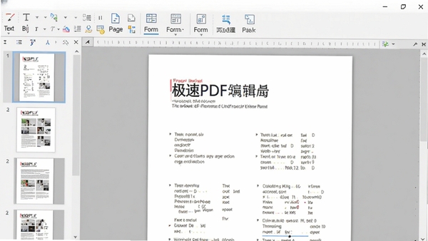 极速PDF编辑器主界面预览图，左侧页面缩略图栏，中间为文档编辑区，上方排列着文本编辑、页面管理、表单工具等图标，整体界面简洁明亮，背景为浅灰色工作台