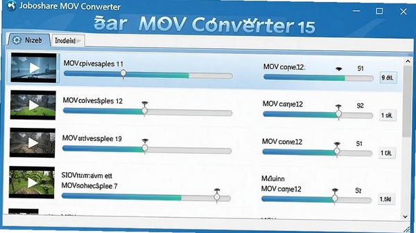 Joboshare MOV Converter批量转换操作界面,多个视频文件排列在列表中,每个文件旁显示转换进度条,界面布局清晰,色彩以蓝白为主,突出软件名称Joboshare MOV Converter,画面比例为16:9,风格写实,适合作为功能展示图