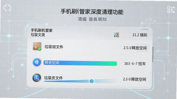 手机刷机管家深度清理功能运行界面，显示扫描出的垃圾文件分类列表与可释放空间大小，配以进度条动画，背景为浅灰色科技网格，突出数据清晰度
