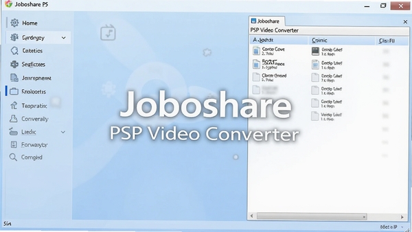 一款名为Joboshare PSP Video Converter的视频格式转换软件的主界面截图，界面设计简洁清晰，左侧是功能导航栏，右侧是文件列表区域，背景为柔和的浅蓝色调，整体风格专业且现代，画面中心突出软件名称Joboshare PSP Video Converter
