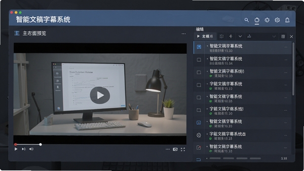 智能文稿字幕系统主界面预览图,展示软件的整体布局,左侧为视频预览区,右侧为字幕编辑列表,背景为深色工作台,界面简洁现代,突出软件名称与核心功能模块,整体色调以蓝灰为主,光线均匀,细节清晰