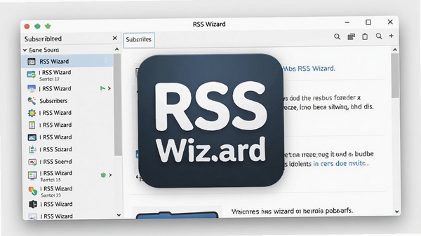 一张展示RSS Wizard主界面的高清截图，界面布局清晰，左侧是订阅源列表，右侧是文章阅读窗口，整体风格简洁明亮，背景为浅灰色，突出软件名称RSS Wizard的Logo图标，画面中心是软件主窗口，周围有柔和的阴影效果，风格类似软件官网的宣传图