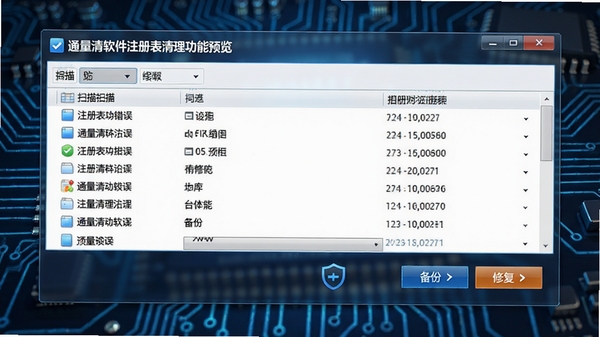 通量清软件注册表清理功能预览，展示扫描出的注册表错误列表，界面带有“备份”与“修复”按钮，背景为抽象的电路板纹理，强调安全与稳定