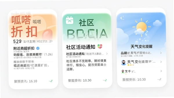 呱嗒应用内聚合资讯卡片的预览图,画面展示了几张圆角卡片,分别显示附近商超折扣、社区活动通知和天气变化提醒,卡片设计简洁大方,信息层级分明