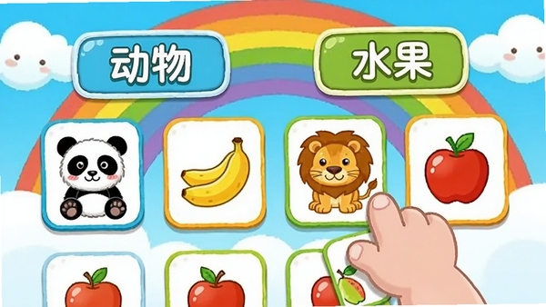 宝宝学分类-宝宝巴士 分类游戏界面,画面上方有“动物”和“水果”两个分类框,下方有熊猫、香蕉、狮子、苹果等图片卡片,孩子的小手正在拖拽卡片,背景有彩虹和云朵,卡通风格,色彩明亮