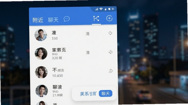 附近一对聊主界面截图，展示附近的人列表，背景为模糊的城市夜景，人物头像清晰，界面风格简洁现代，主色调为蓝色和白色，突出“附近”和“聊天”核心功能，画面比例16:9