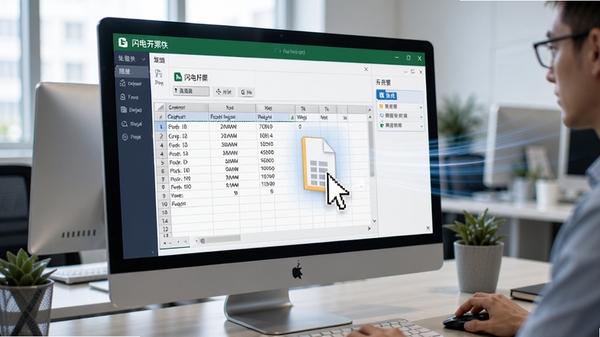展示闪电开票软件批量导入Excel表格数据的操作画面，电脑屏幕中显示一个包含多行客户信息的表格文件，鼠标指针正拖拽文件到软件导入区域，背景为办公桌面，画面强调数据处理的流畅感与高效性。