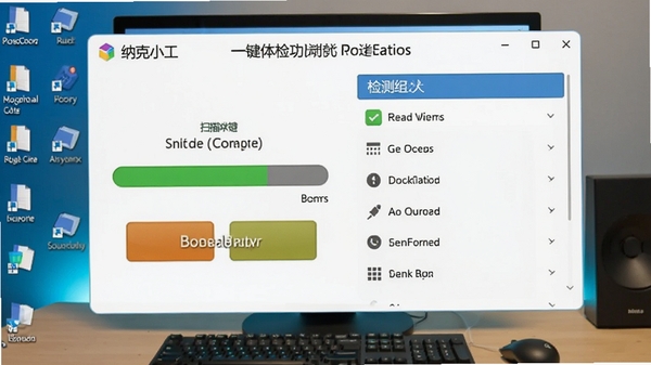 纳克小工一键体检功能运行界面，显示扫描进度条和检测结果列表，背景为电脑桌面，界面清晰，按钮醒目，强调自动化清理过程