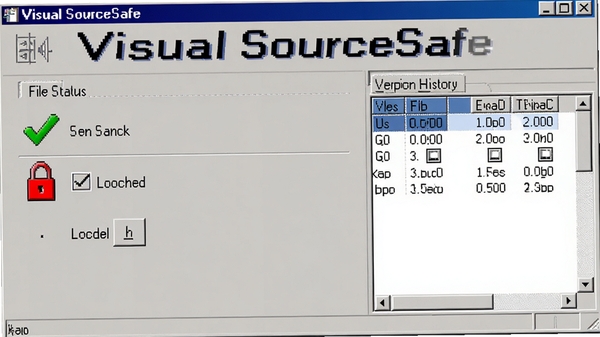 Visual SourceSafe 文件签入签出操作界面,显示文件状态图标(绿色对勾表示已签出,红色锁表示已锁定),右侧有版本历史面板,背景为浅灰色,突出软件名称Visual SourceSafe。