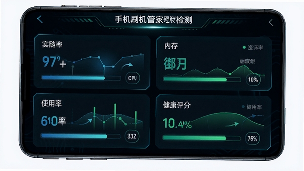 手机刷机管家硬件检测结果页面，以图表形式展示CPU、内存、存储的实时使用率与健康评分，背景为深色面板搭配蓝绿色数据光效，科技感强烈