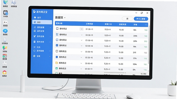 易特商店宝软件主界面全貌预览图，展示清晰的左侧功能导航栏与右侧数据列表区域，整体采用蓝白配色，背景为干净的电脑桌面环境，图标线条简洁现代，画面明亮清晰