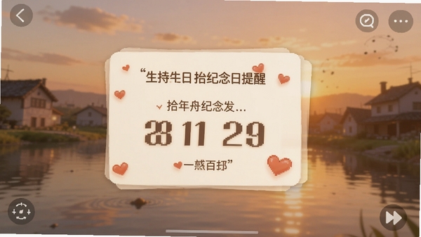 拾年舟纪念日提醒页面，显示生日倒数卡片和温馨背景，带有日期数字和爱心装饰，整体色调温暖，手机界面截图风格，Boogu模型生成