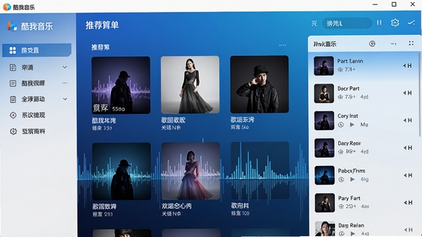 酷我音乐电脑版主界面，左侧为导航栏，中间显示推荐歌单，右侧为播放列表，整体色调为蓝色渐变，界面简洁现代，背景为深色音乐频谱动态效果