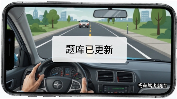 畅车驾考题库更新提示界面，手机屏幕中央显示“题库已更新”弹窗，背景为道路驾驶场景插画，右下角标注软件名称，风格写实