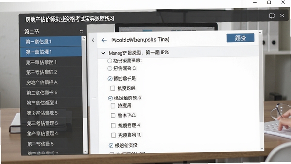 房地产估价师执业资格考试宝典题库练习界面截图,左侧为章节列表,右侧为答题区域,显示题型与选项,背景为干净的办公桌面,画面风格写实清晰