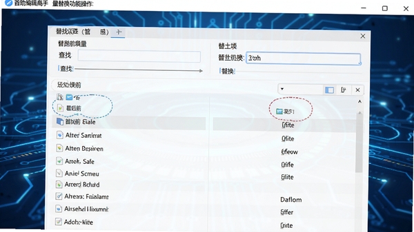 首助编辑高手批量替换功能操作界面，显示查找和替换输入框，下方列出多个待处理的文件列表，背景为蓝色科技感工作台，软件界面清晰展示替换前后的对比，画面风格明亮，细节丰富，比例为16:9