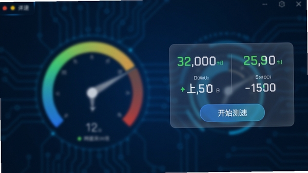 网速测试工具条主界面全貌,深蓝色科技感背景,屏幕右侧悬浮一个半透明长条形工具条,上面显示实时下载速度、上传速度和延迟数值,工具条下方有开始测速按钮,整体风格简约清晰,数字明亮醒目,背景虚化处理突出工具条主体,画面干净无杂物,适合软件展示图风格。