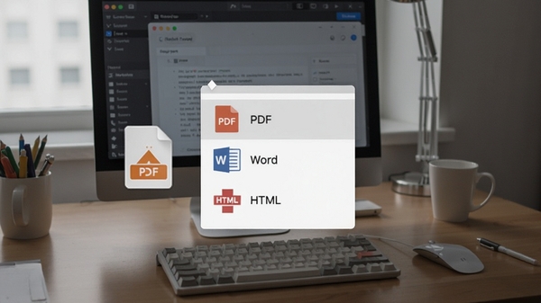 思源笔记导入导出功能预览，画面显示软件导出菜单，包含PDF、Word、HTML选项，旁边有文件图标，背景为办公桌面，风格务实