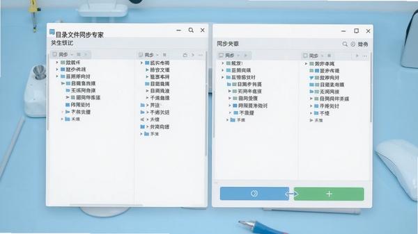 目录文件同步专家主界面预览图，展示左右双栏目录对比布局与同步按钮，背景为简洁的浅蓝色工作台，整体风格干净明亮