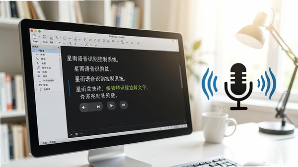 星雨语音识别控制系统语音转文字功能特写，屏幕显示文字处理软件界面，文字逐句出现，旁边有麦克风图标和声波动画，背景为明亮的书房，强调高效记录场景